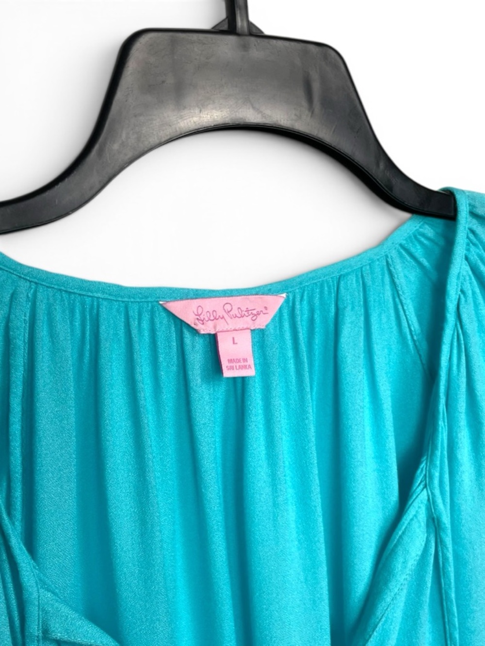 Lilly Pulitzer Aqua Blue Willa embroidered Gathered Neck Blouse size Large - Picture 4 of 7